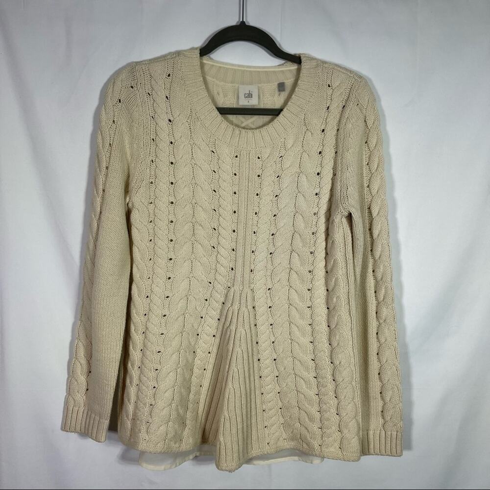 CAbi, Long Sleeve Cable Detail Sweater, Sheer Panel, Size Small. Excellent cond!